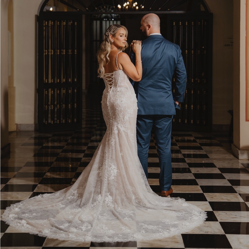 Martina Liana Ivory Floral Lace Wedding Gown with Pearl Detailing.